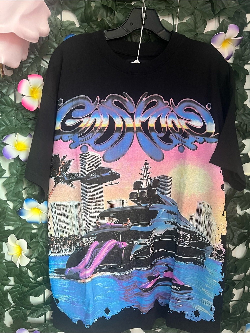Fear of God Black Graphic Yacht Tee with Pink and Blue Accents